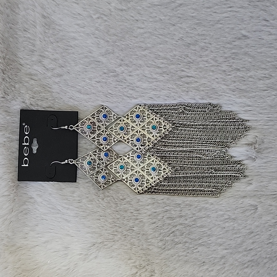 Nwt Bebe Fringe Silver/Blue Oversized Earrings